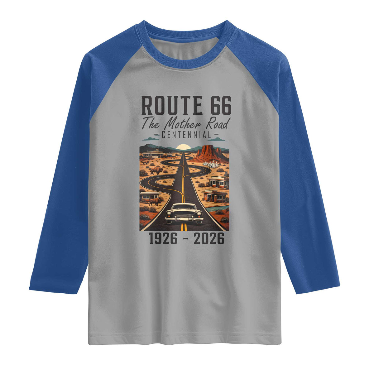 Route Highway 66 Mother Road Raglan Shirt Vintage Distressed Road Trip Adventure TS12 Sport Gray Royal Print Your Wear