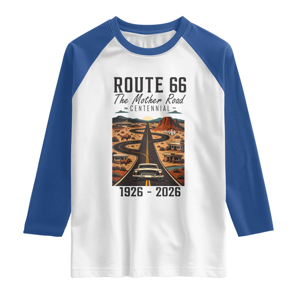 Route Highway 66 Mother Road Raglan Shirt Vintage Distressed Road Trip Adventure TS12 White Royal Print Your Wear