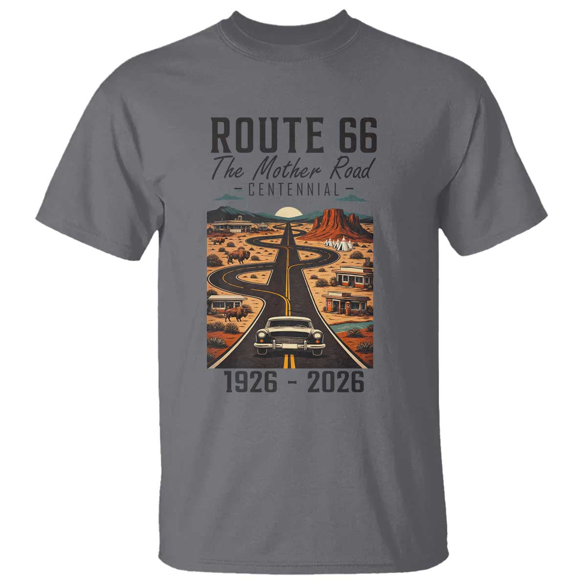 Route Highway 66 Mother Road T Shirt Vintage Distressed Road Trip Adventure TS12 Charcoal Print Your Wear