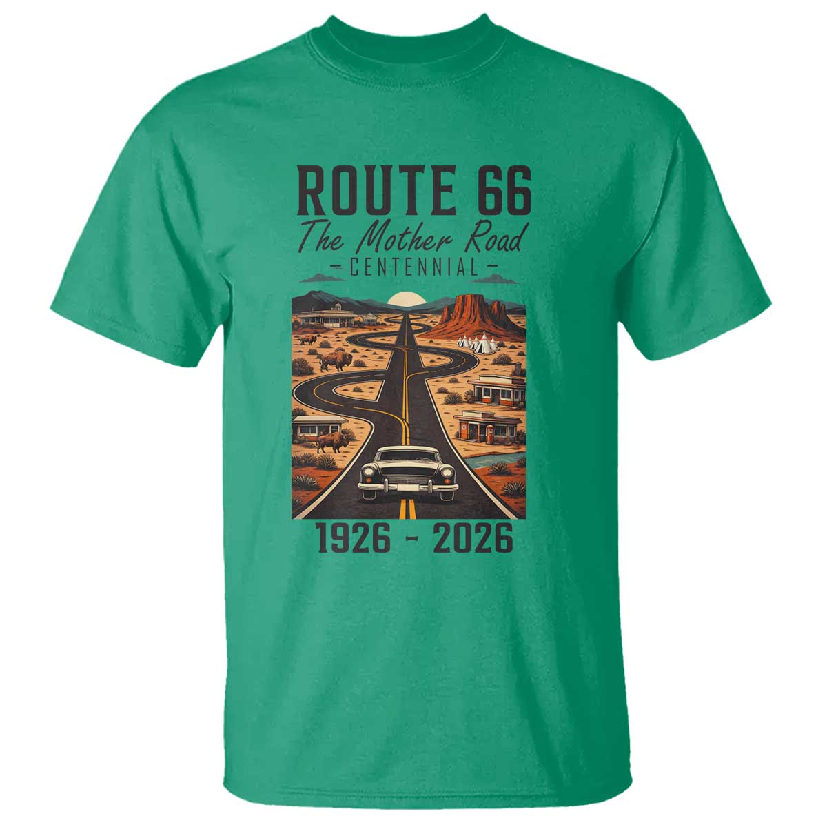 Route Highway 66 Mother Road T Shirt Vintage Distressed Road Trip Adventure TS12 Irish Green Print Your Wear
