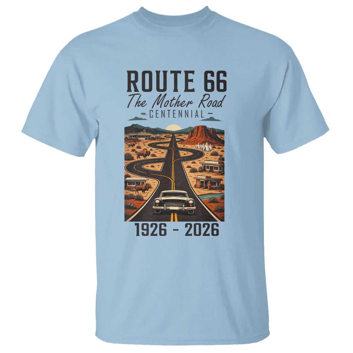 Route Highway 66 Mother Road T Shirt Vintage Distressed Road Trip Adventure TS12 Light Blue Print Your Wear