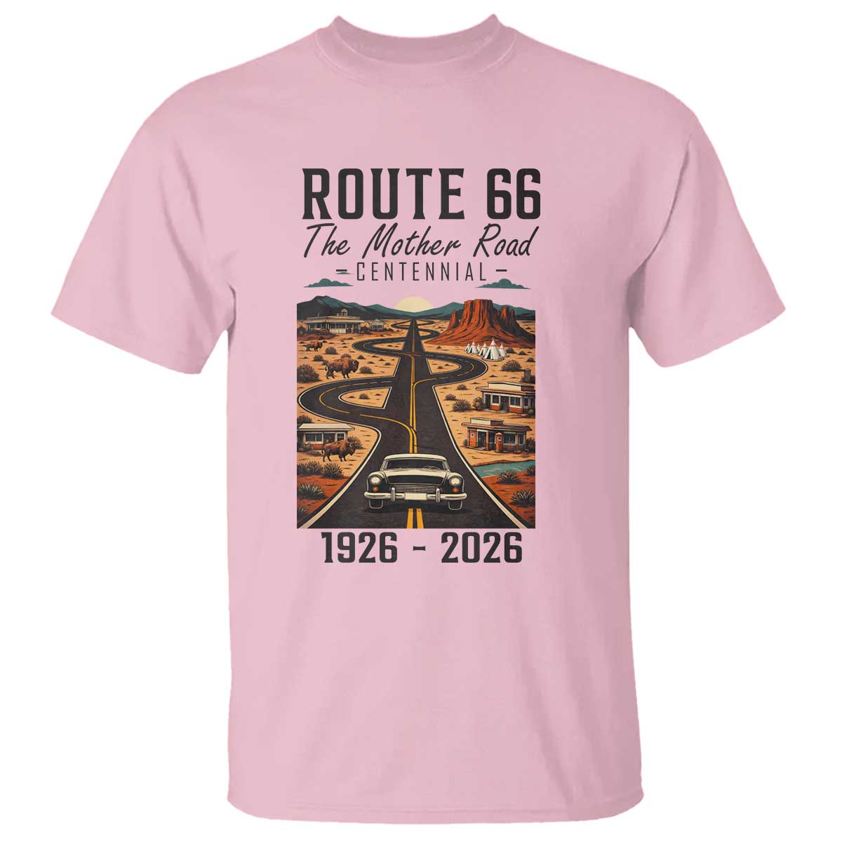 Route Highway 66 Mother Road T Shirt Vintage Distressed Road Trip Adventure TS12 Light Pink Print Your Wear