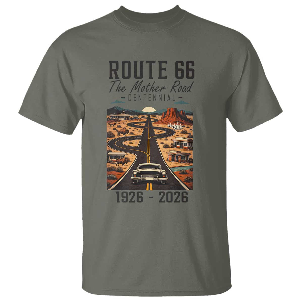 Route Highway 66 Mother Road T Shirt Vintage Distressed Road Trip Adventure TS12 Military Green Print Your Wear