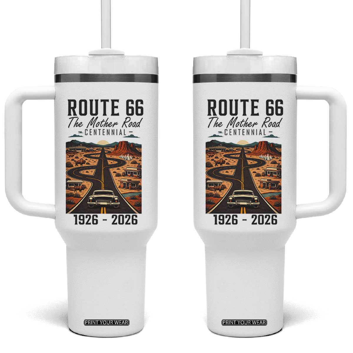 Route Highway 66 Mother Road Tumbler With Handle Vintage Distressed Road Trip Adventure TS12 One Size: 40 oz White Print Your Wear