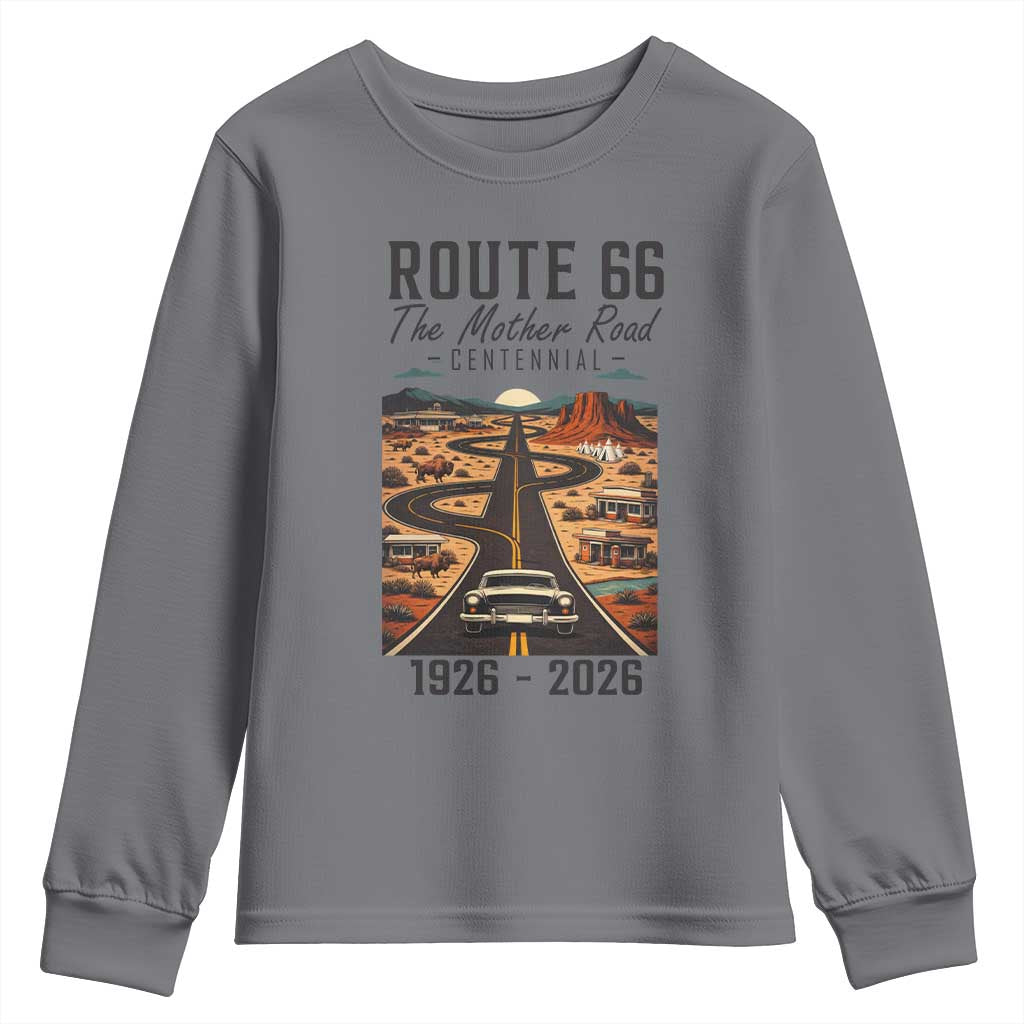 Route Highway 66 Mother Road Youth Sweatshirt Vintage Distressed Road Trip Adventure TS12 Charcoal Print Your Wear