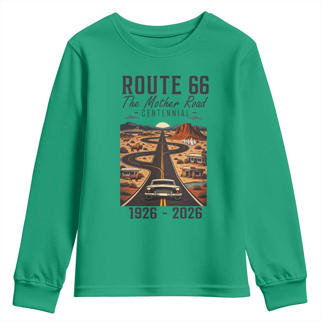 Route Highway 66 Mother Road Youth Sweatshirt Vintage Distressed Road Trip Adventure TS12 Irish Green Print Your Wear