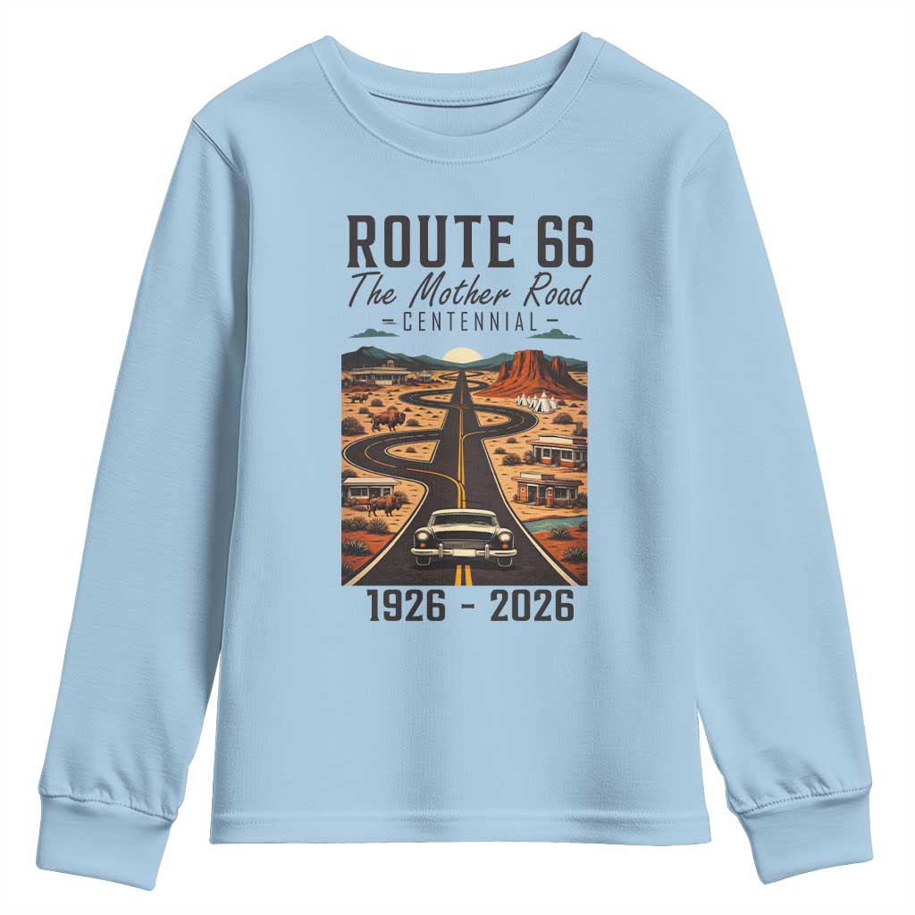 Route Highway 66 Mother Road Youth Sweatshirt Vintage Distressed Road Trip Adventure TS12 Light Blue Print Your Wear