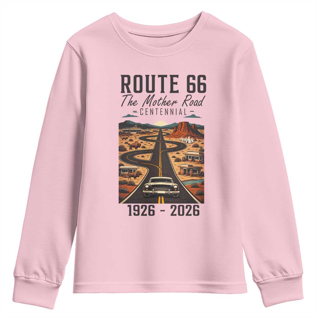 Route Highway 66 Mother Road Youth Sweatshirt Vintage Distressed Road Trip Adventure TS12 Light Pink Print Your Wear