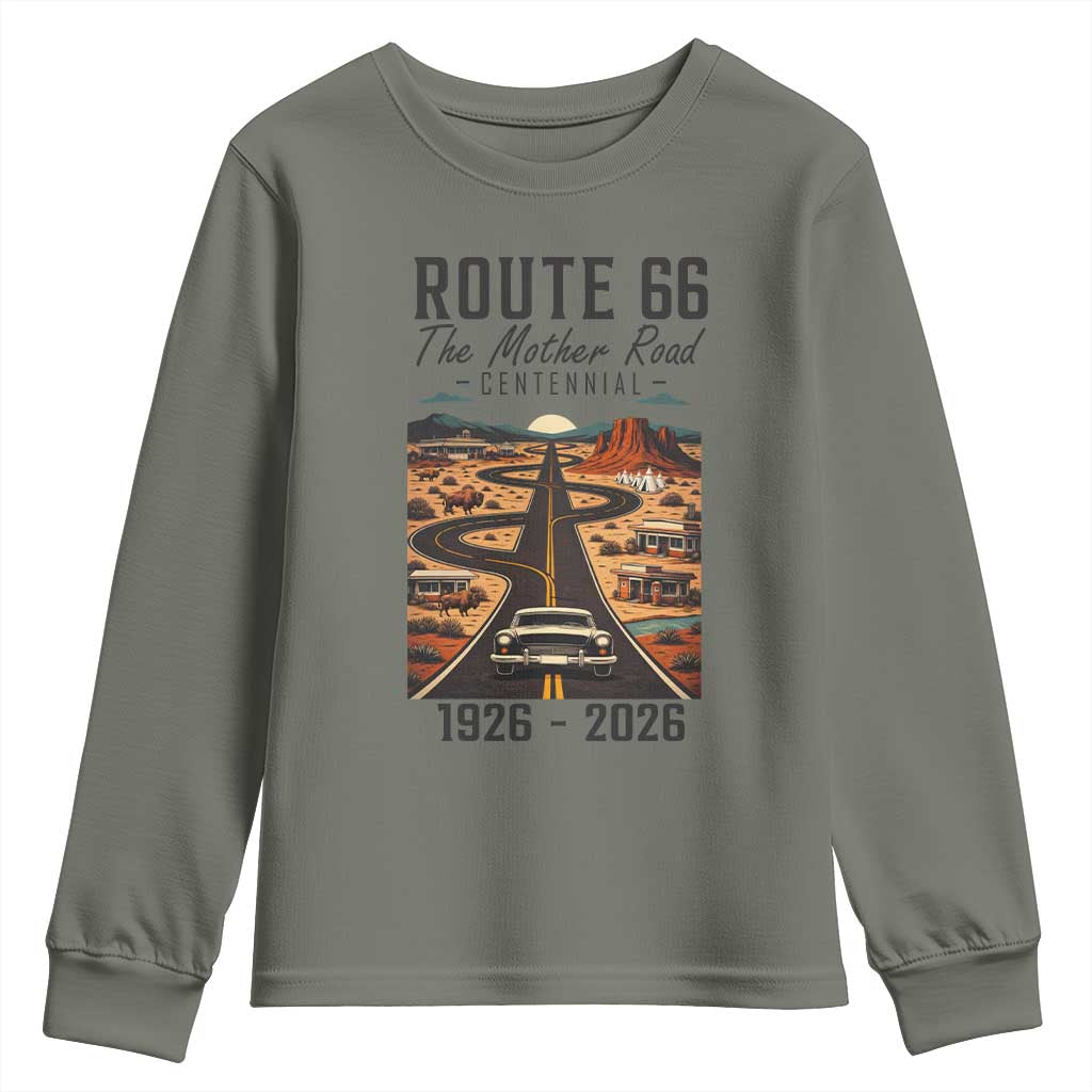 Route Highway 66 Mother Road Youth Sweatshirt Vintage Distressed Road Trip Adventure TS12 Military Green Print Your Wear