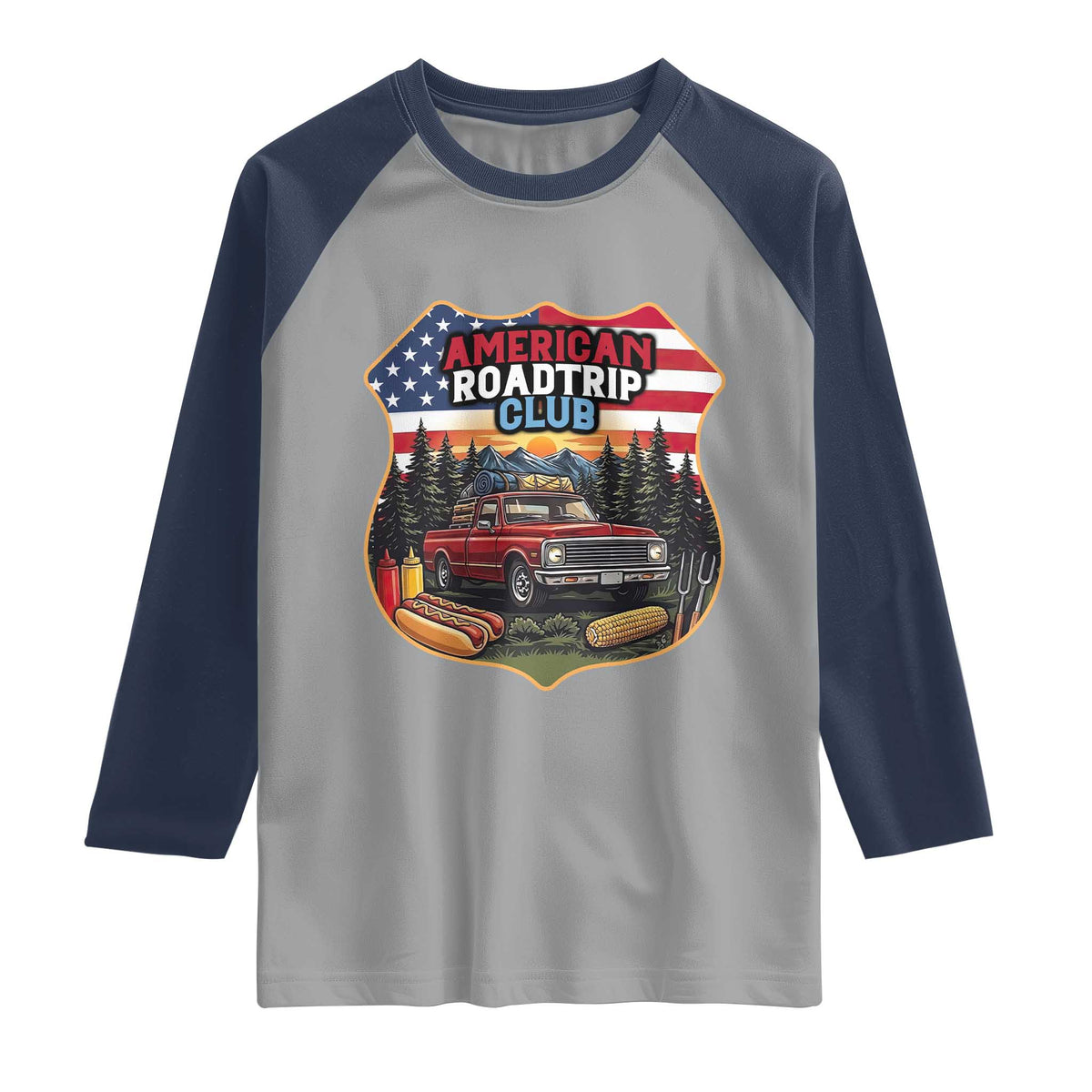 Route Highway 66 Raglan Shirt Vintage American Roadtrip Club Road Trip TS12 Sport Gray Navy Print Your Wear