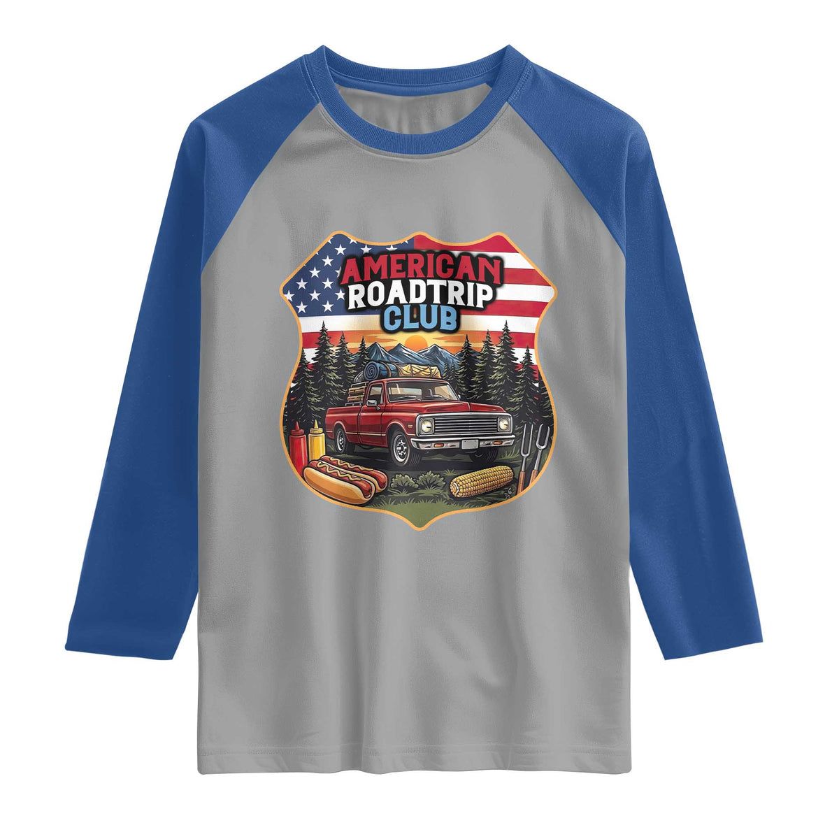 Route Highway 66 Raglan Shirt Vintage American Roadtrip Club Road Trip TS12 Sport Gray Royal Print Your Wear