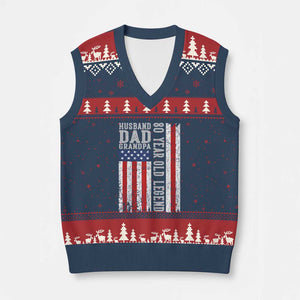 Husband Dad Grandpa 80 Year Old Legend V-Neck Knit Sweater Vest American Flag Birthday Gift