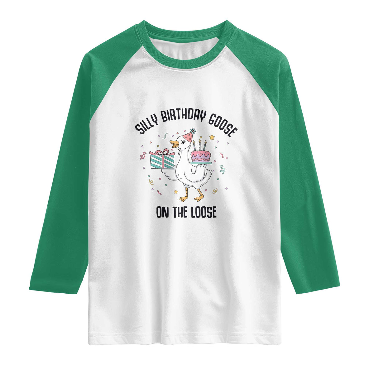 Funny Silly Goose On The Loose Raglan Shirt Birthday Party Gift TS12 White Kelly Green Print Your Wear