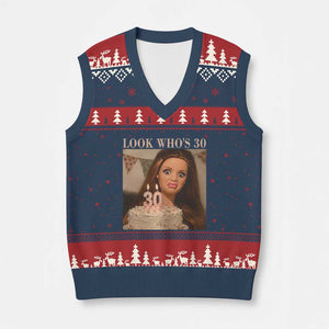 Look Who's 30 V-Neck Knit Sweater Vest Funny Birthday Doll Face Meme