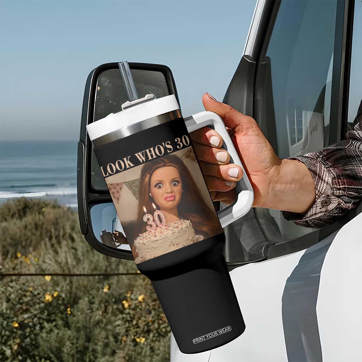 Look Who's 30 Tumbler With Handle Funny Birthday Doll Face Meme