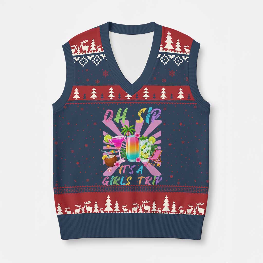 Oh Sip It Is A Girls Trip V-Neck Knit Sweater Vest Funny Besties Vacation TS12 Navy Red Print Your Wear