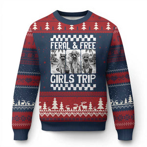 Funny Raccoon Girls Trip Travel Ugly Christmas Sweater Feral And Free TS12 Navy Red Print Your Wear