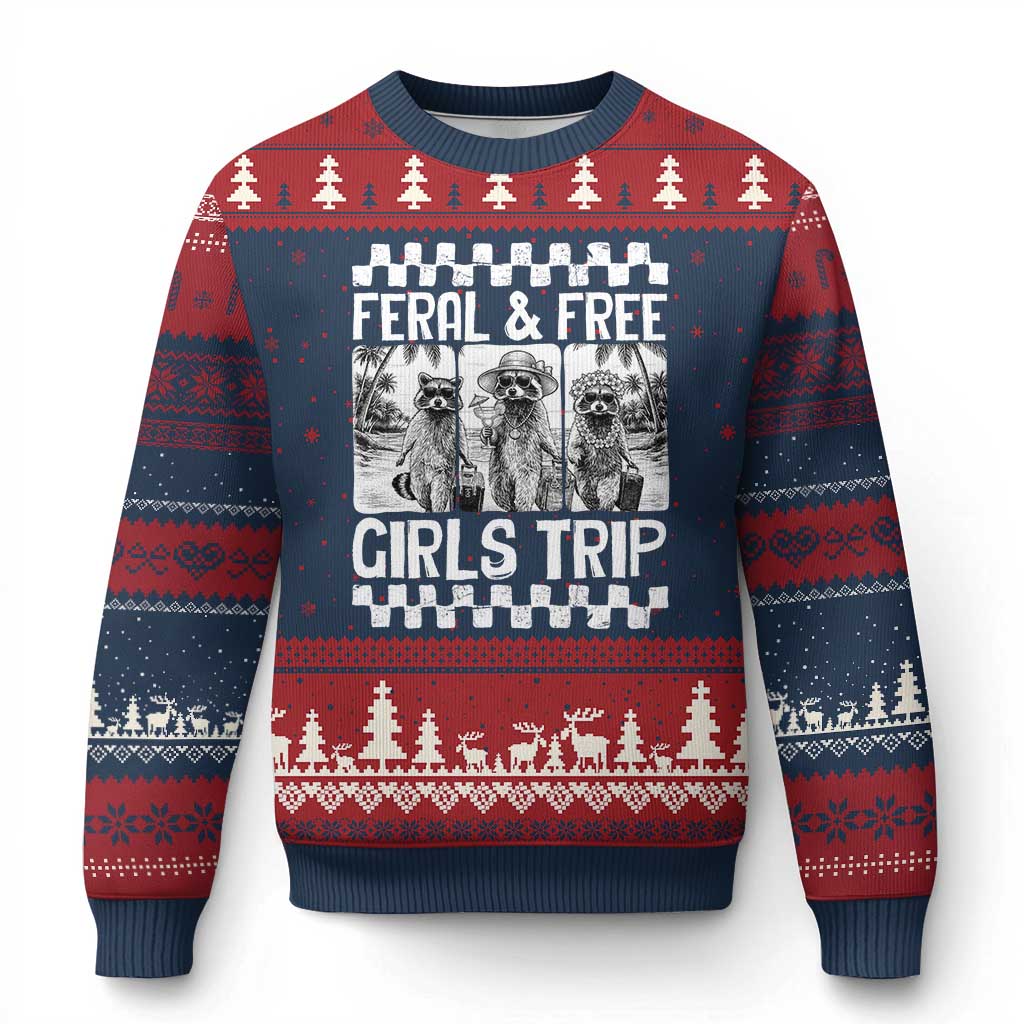 Funny Raccoon Girls Trip Travel Ugly Christmas Sweater Feral And Free TS12 Navy Red Print Your Wear