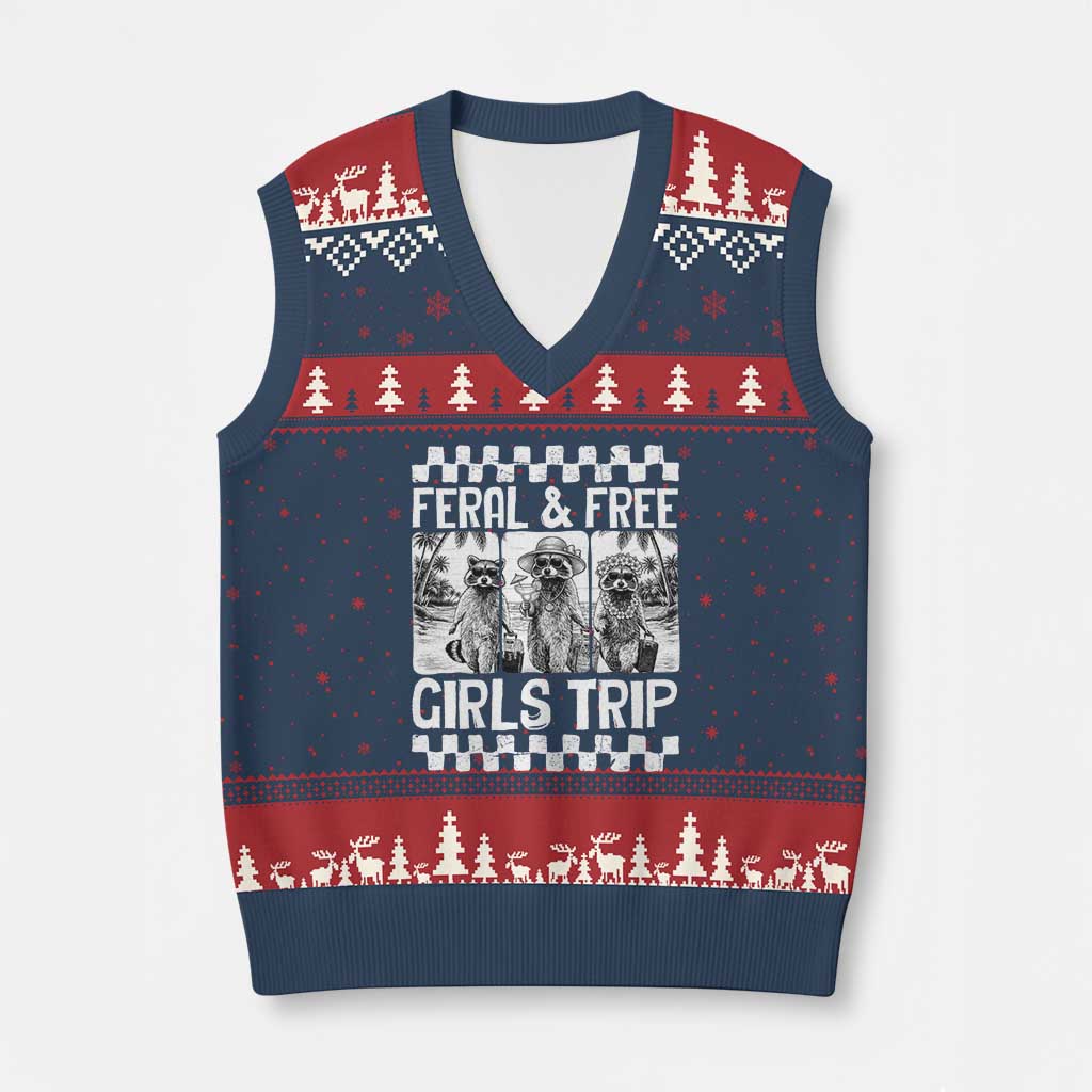 Funny Raccoon Girls Trip Travel V-Neck Knit Sweater Vest Feral And Free TS12 Navy Red Print Your Wear