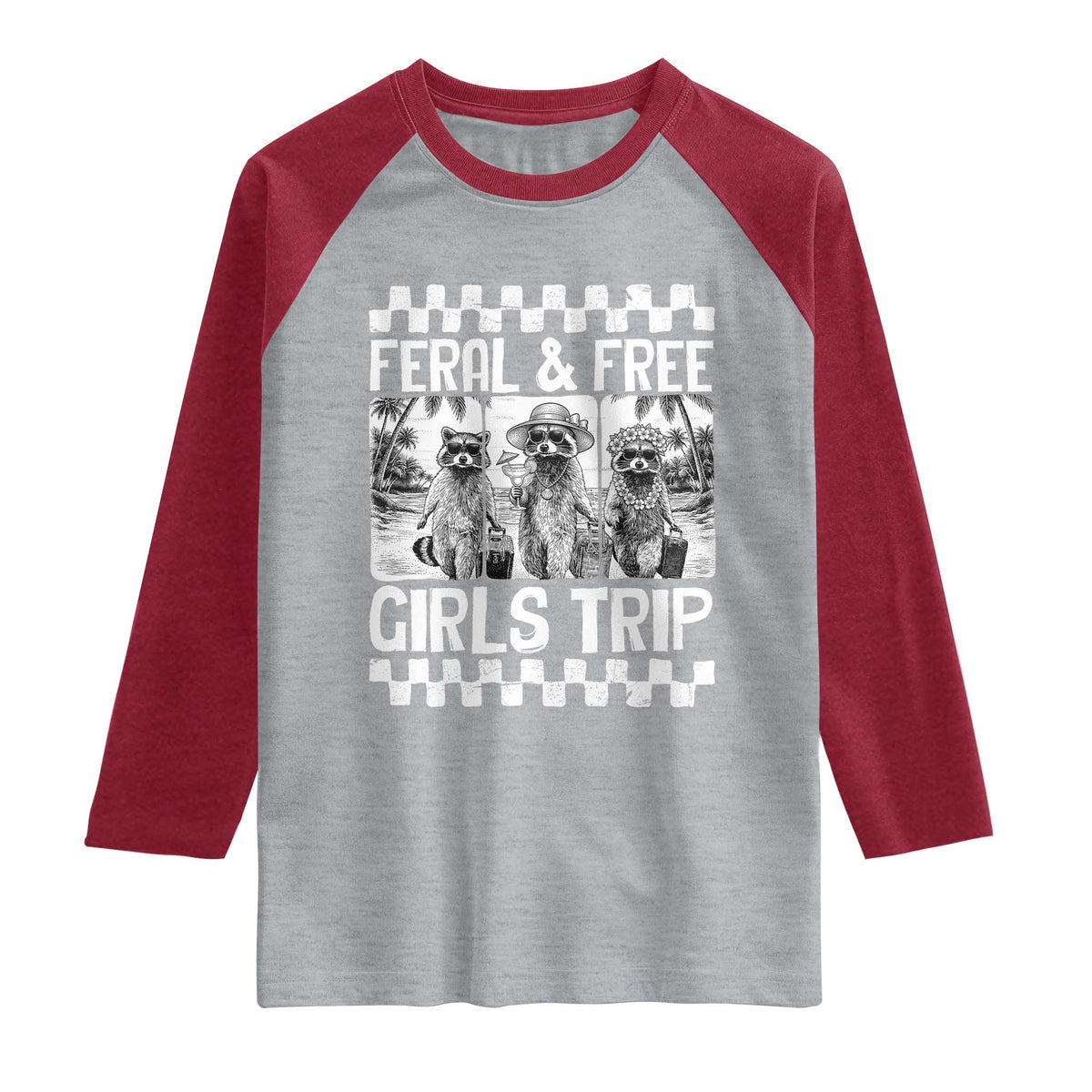 Funny Raccoon Girls Trip Travel Raglan Shirt Feral And Free TS12 Heather Gray Heather Red Print Your Wear