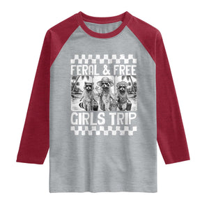 Funny Raccoon Girls Trip Travel Raglan Shirt Feral And Free TS12 Heather Gray Heather Red Print Your Wear