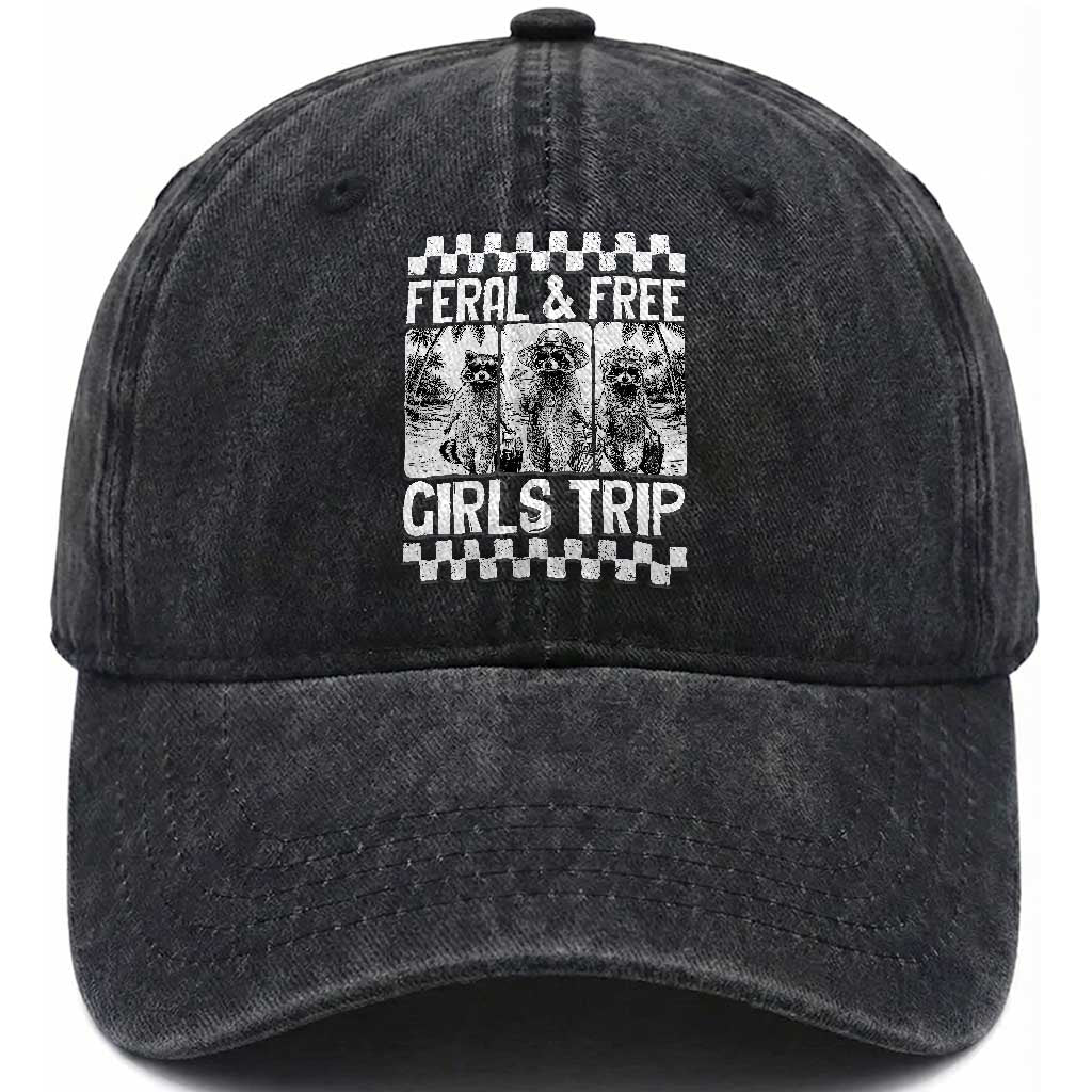 Funny Raccoon Girls Trip Travel Washed Cotton Baseball Cap Feral And Free TS12 Print Your Wear