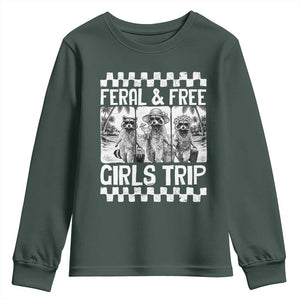 Funny Raccoon Girls Trip Travel Youth Sweatshirt Feral And Free TS12 Dark Forest Green Print Your Wear