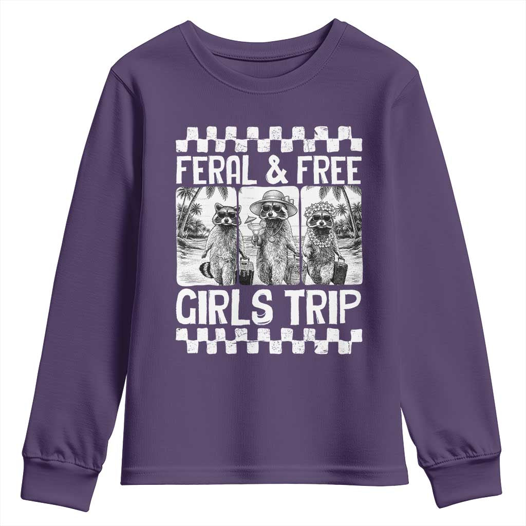 Funny Raccoon Girls Trip Travel Youth Sweatshirt Feral And Free TS12 Purple Print Your Wear