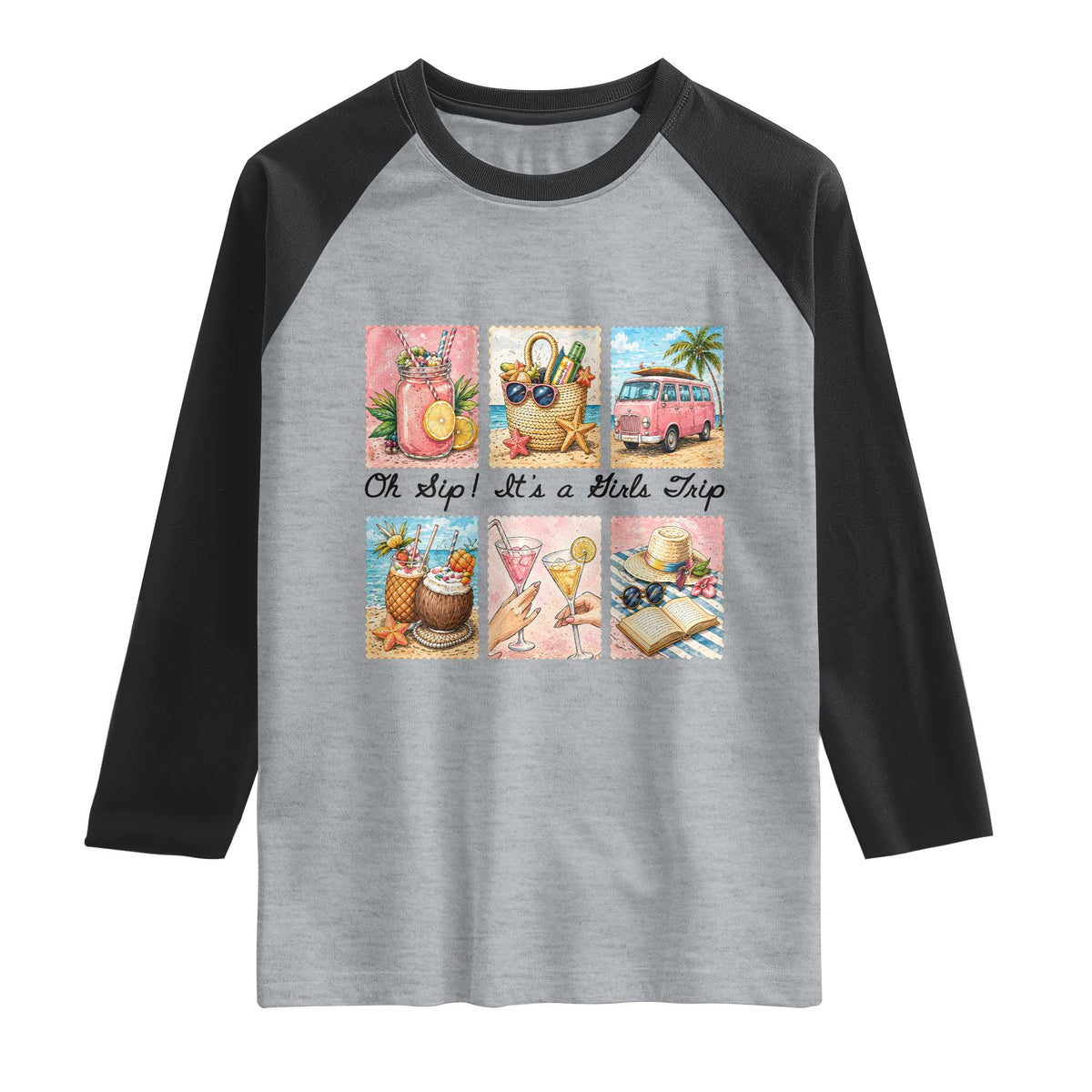 Oh Sip It Is A Girls Trip Raglan Shirt Beach Trip Best Friends Gift TS12 Heather Gray Black Print Your Wear