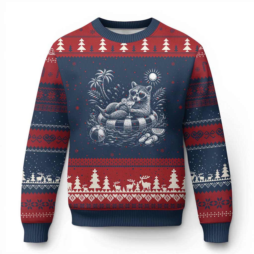 Funny Beach Vacation Trash Panda Ugly Christmas Sweater Summer Raccoon Graphic TS12 Navy Red Print Your Wear