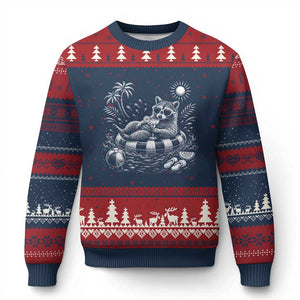 Funny Beach Vacation Trash Panda Ugly Christmas Sweater Summer Raccoon Graphic TS12 Navy Red Print Your Wear