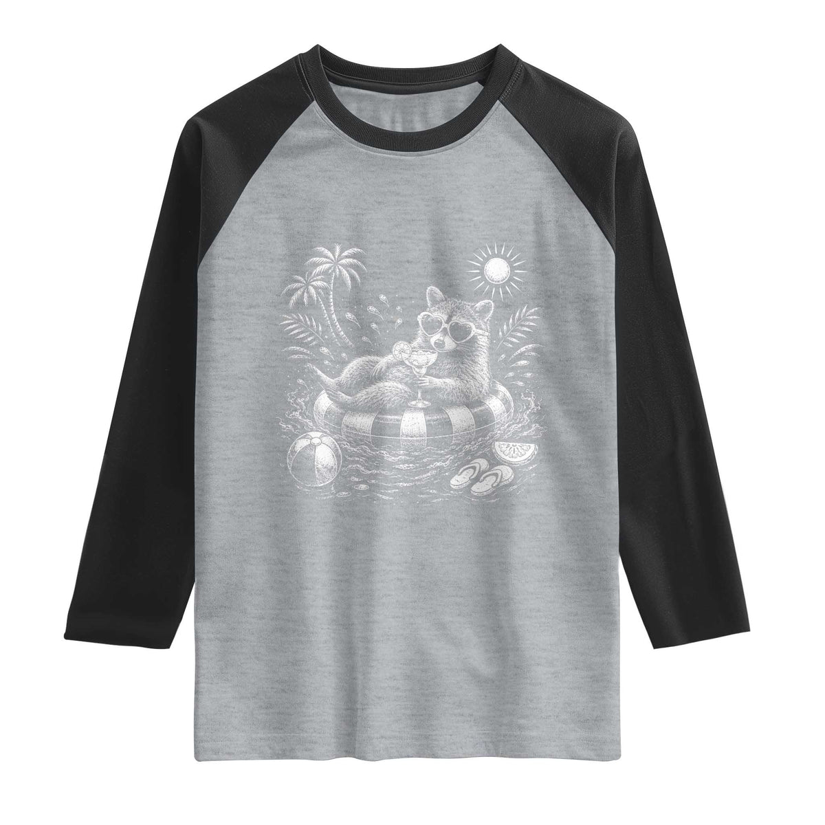 Funny Beach Vacation Trash Panda Raglan Shirt Summer Raccoon Graphic TS12 Heather Gray Black Print Your Wear