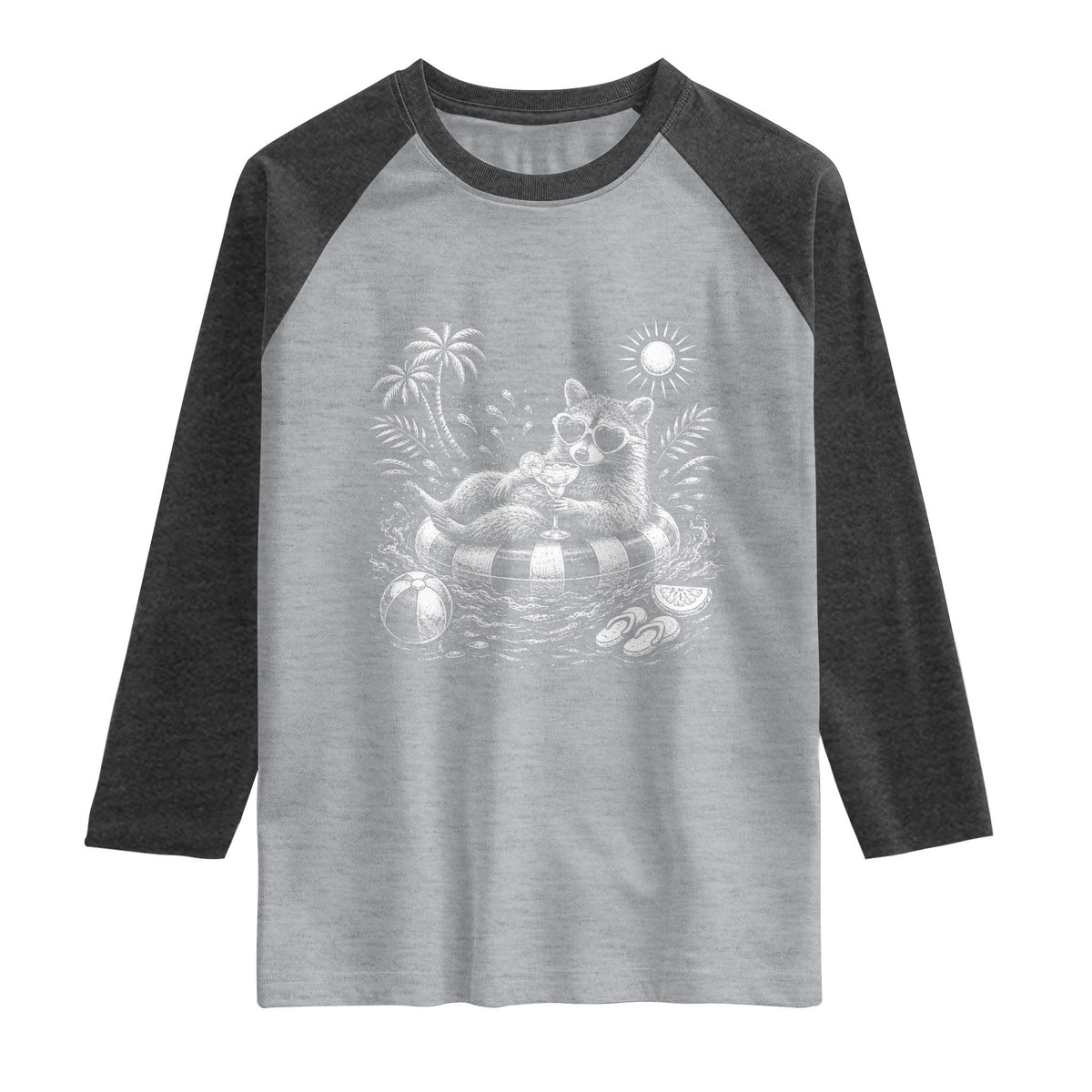 Funny Beach Vacation Trash Panda Raglan Shirt Summer Raccoon Graphic TS12 Heather Gray Heather Charcoal Print Your Wear