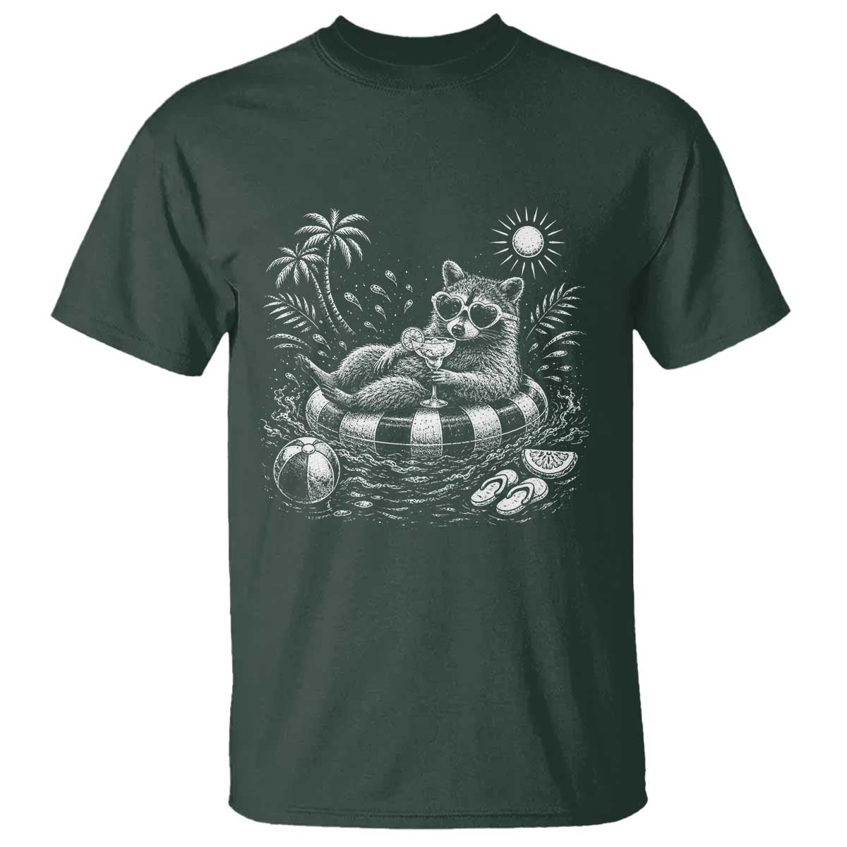Funny Beach Vacation Trash Panda T Shirt Summer Raccoon Graphic TS12 Dark Forest Green Print Your Wear