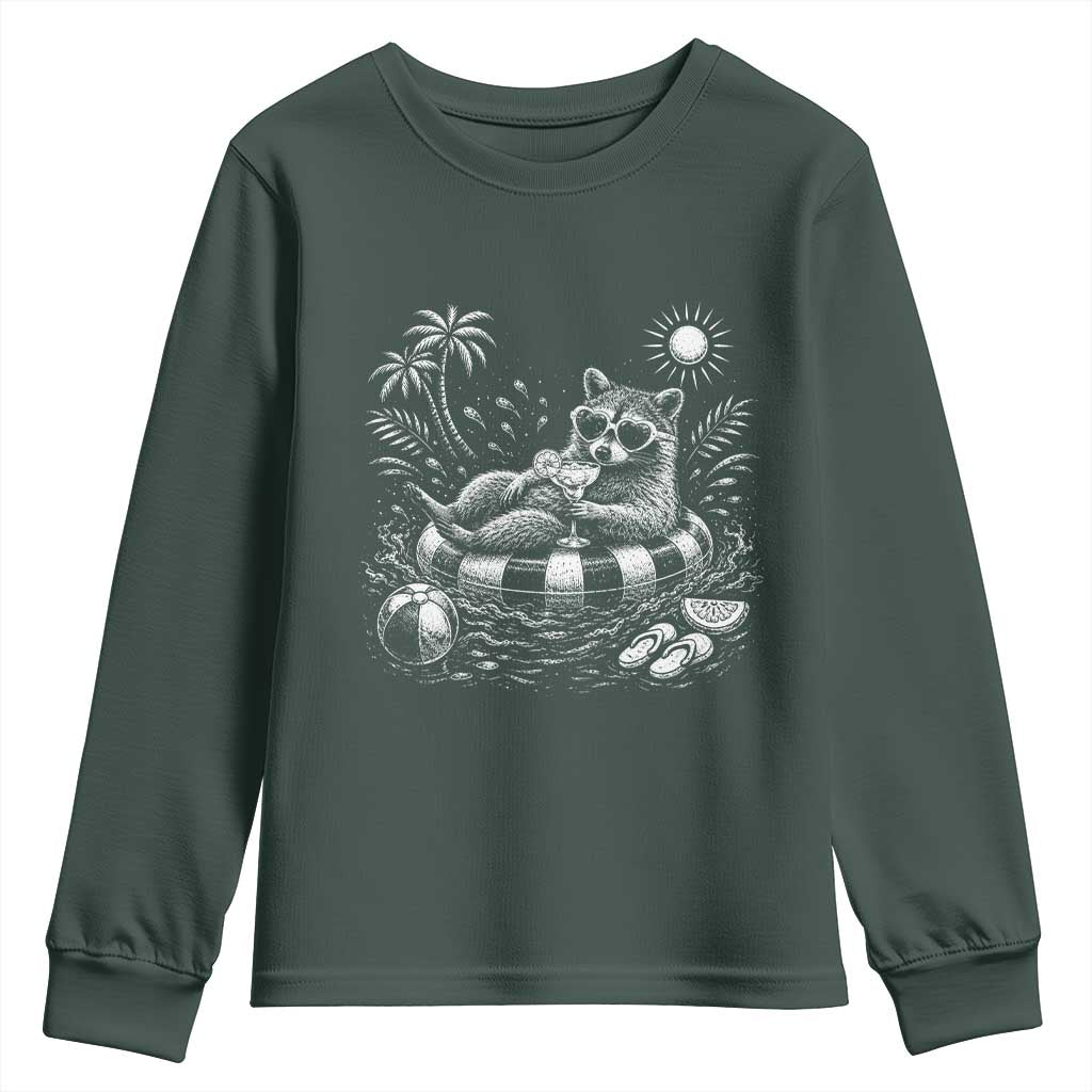 Funny Beach Vacation Trash Panda Youth Sweatshirt Summer Raccoon Graphic TS12 Dark Forest Green Print Your Wear