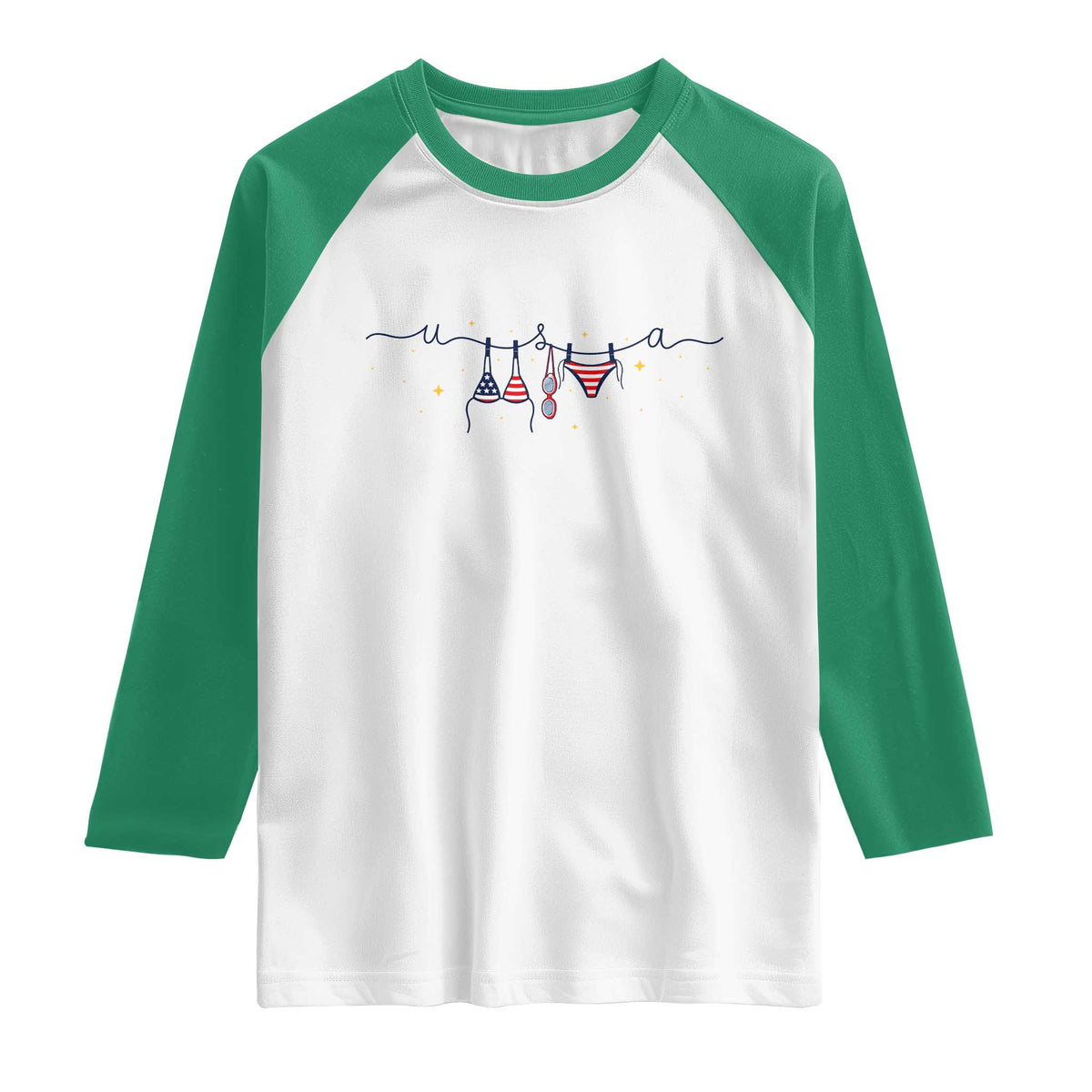 Patriotic American Flag Bikini Raglan Shirt USA Summer Vacation Gift TS12 White Kelly Green Print Your Wear