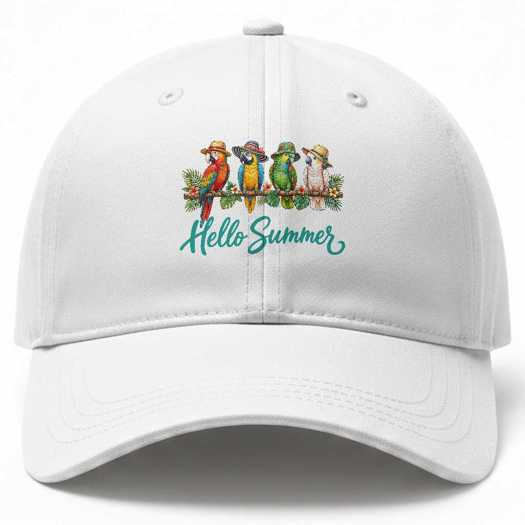 Hello Summer Parrots Baseball Cap Tropical Beach Vacation Graphic