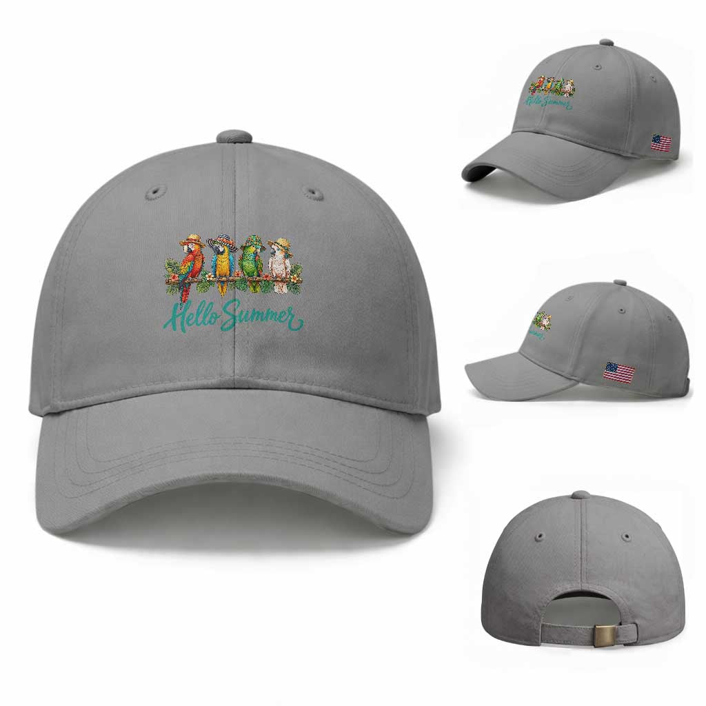 Hello Summer Parrots Baseball Cap Tropical Beach Vacation Graphic