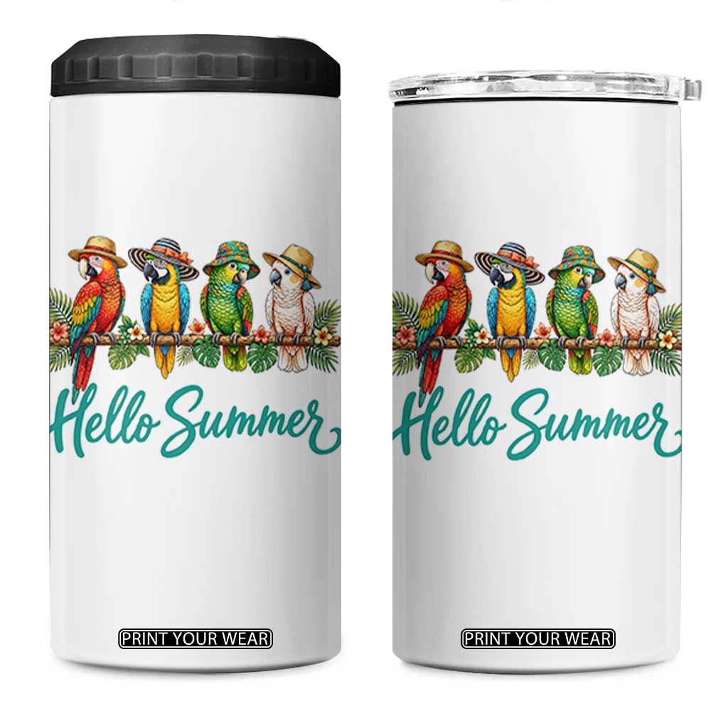 Hello Summer Parrots 4 in 1 Can Cooler Tumbler Tropical Beach Vacation Graphic TS12 One Size: 16 oz White Print Your Wear