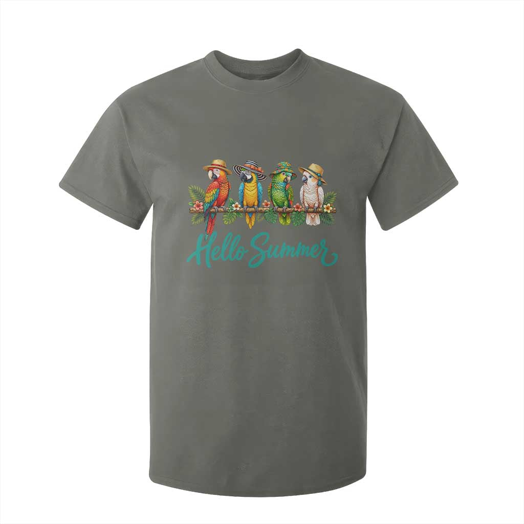 Hello Summer Parrots T Shirt For Kid Tropical Beach Vacation Graphic TS12 Military Green Print Your Wear