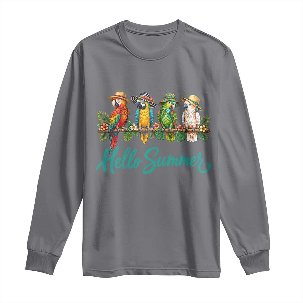 Hello Summer Parrots Long Sleeve Shirt Tropical Beach Vacation Graphic TS12 Charcoal Print Your Wear