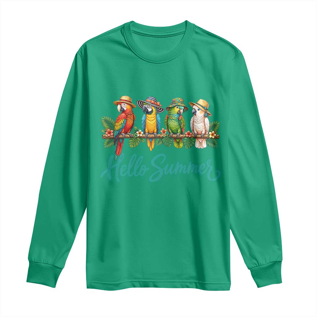 Hello Summer Parrots Long Sleeve Shirt Tropical Beach Vacation Graphic TS12 Irish Green Print Your Wear