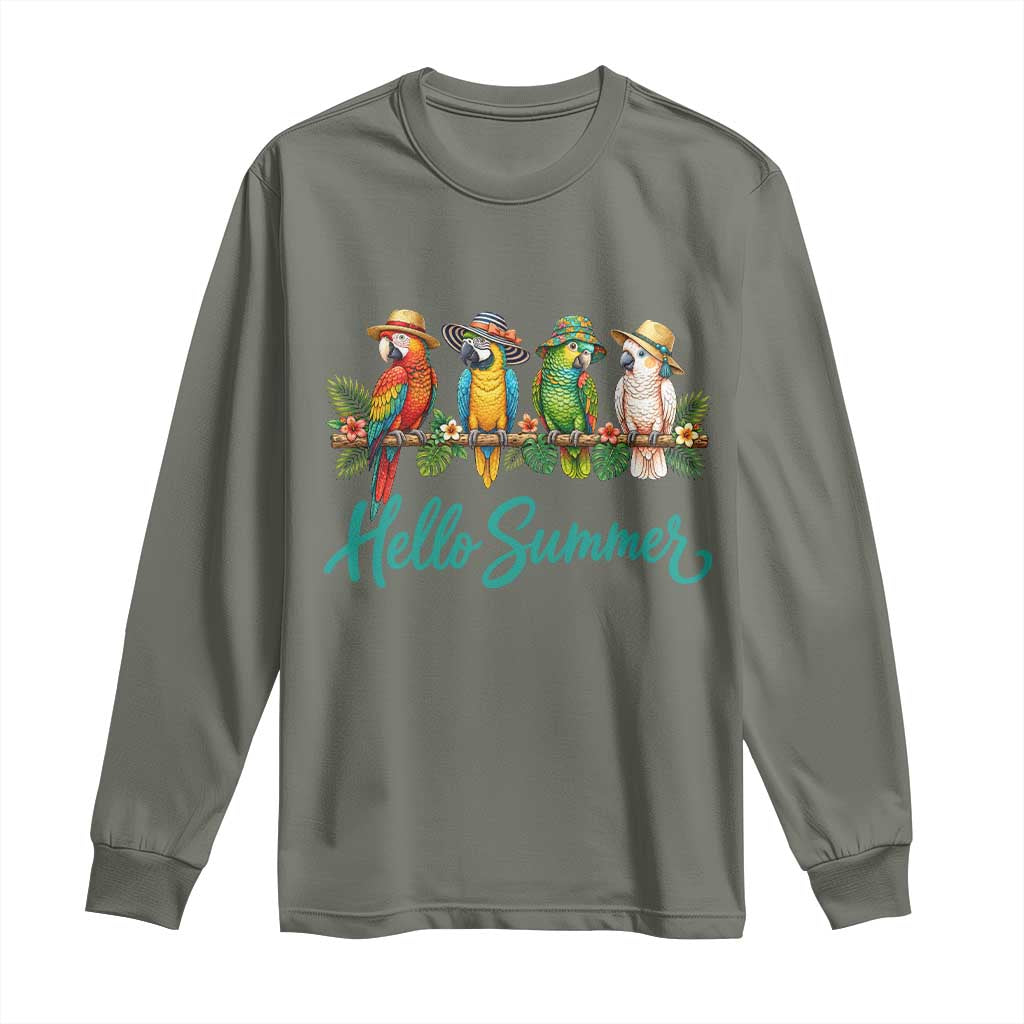 Hello Summer Parrots Long Sleeve Shirt Tropical Beach Vacation Graphic TS12 Military Green Print Your Wear