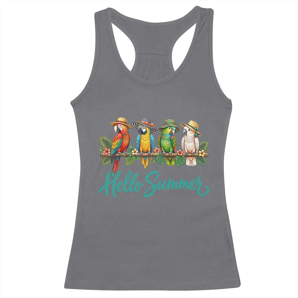 Hello Summer Parrots Racerback Tank Top Tropical Beach Vacation Graphic TS12 Charcoal Print Your Wear