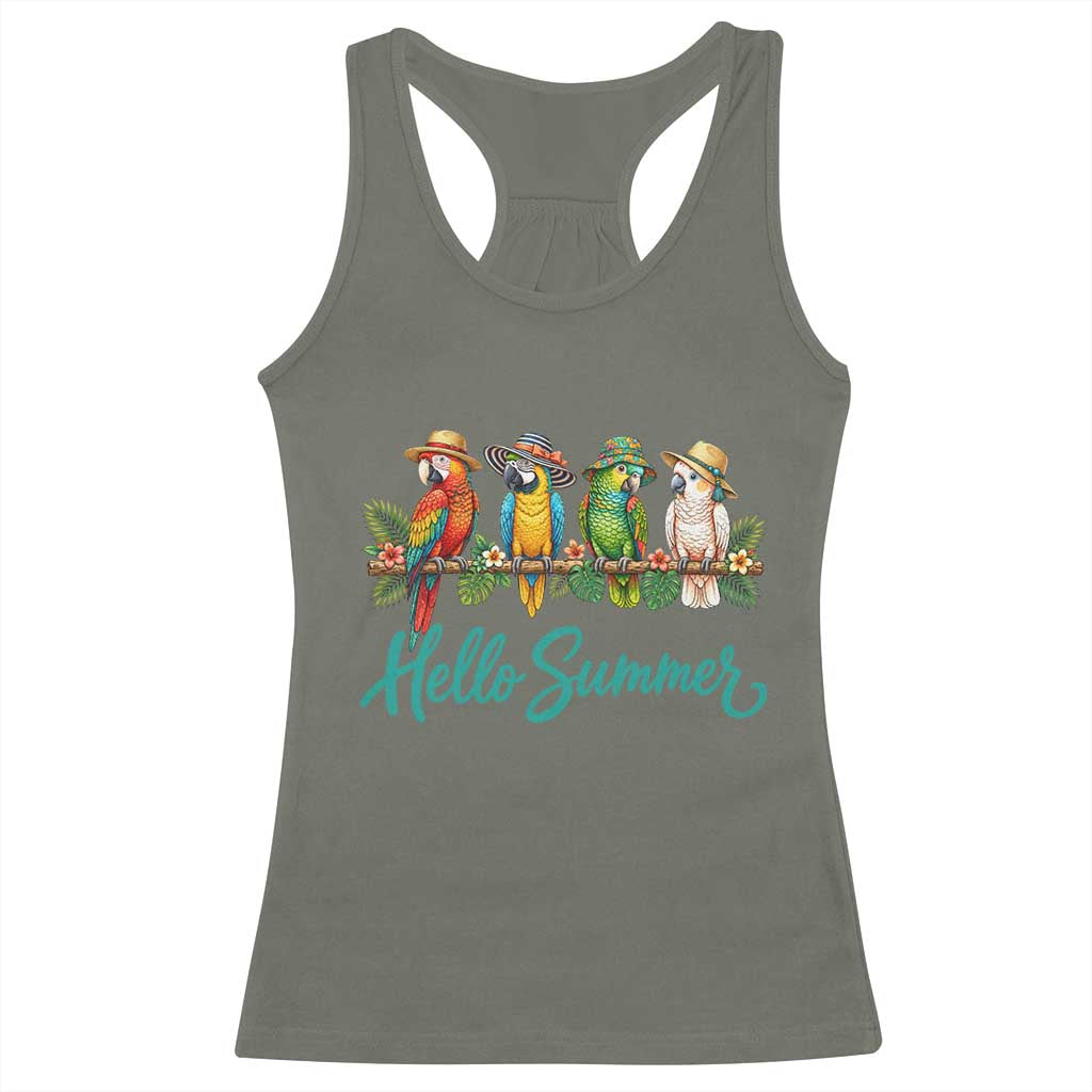 Hello Summer Parrots Racerback Tank Top Tropical Beach Vacation Graphic TS12 Military Green Print Your Wear