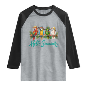 Hello Summer Parrots Raglan Shirt Tropical Beach Vacation Graphic TS12 Heather Gray Black Print Your Wear