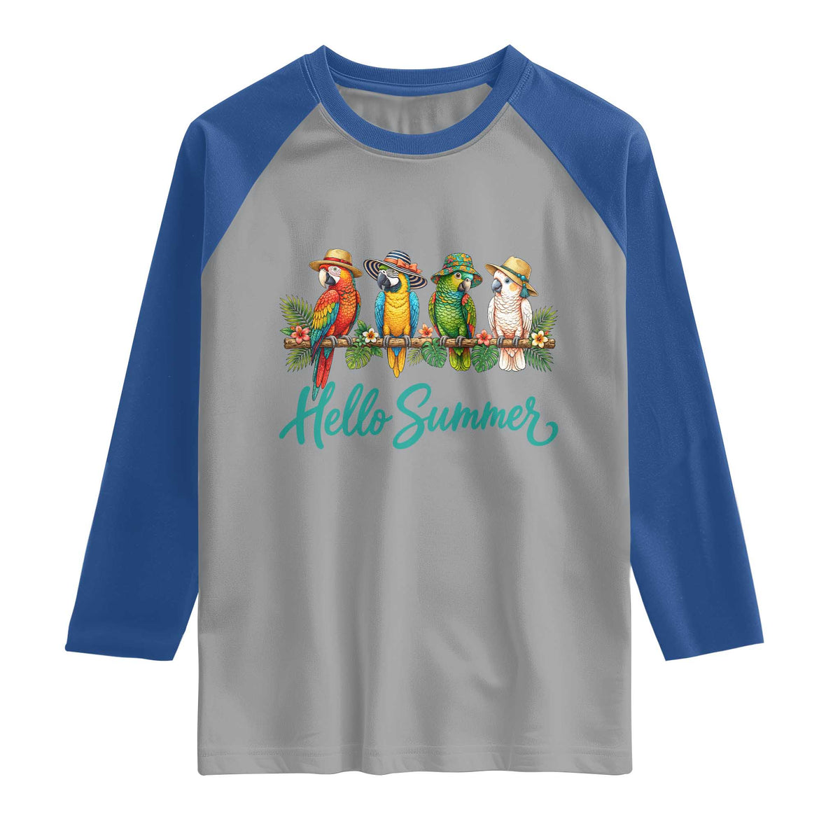 Hello Summer Parrots Raglan Shirt Tropical Beach Vacation Graphic TS12 Sport Gray Royal Print Your Wear