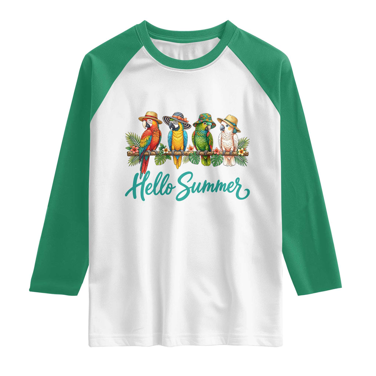 Hello Summer Parrots Raglan Shirt Tropical Beach Vacation Graphic TS12 White Kelly Green Print Your Wear
