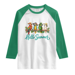 Hello Summer Parrots Raglan Shirt Tropical Beach Vacation Graphic TS12 White Kelly Green Print Your Wear