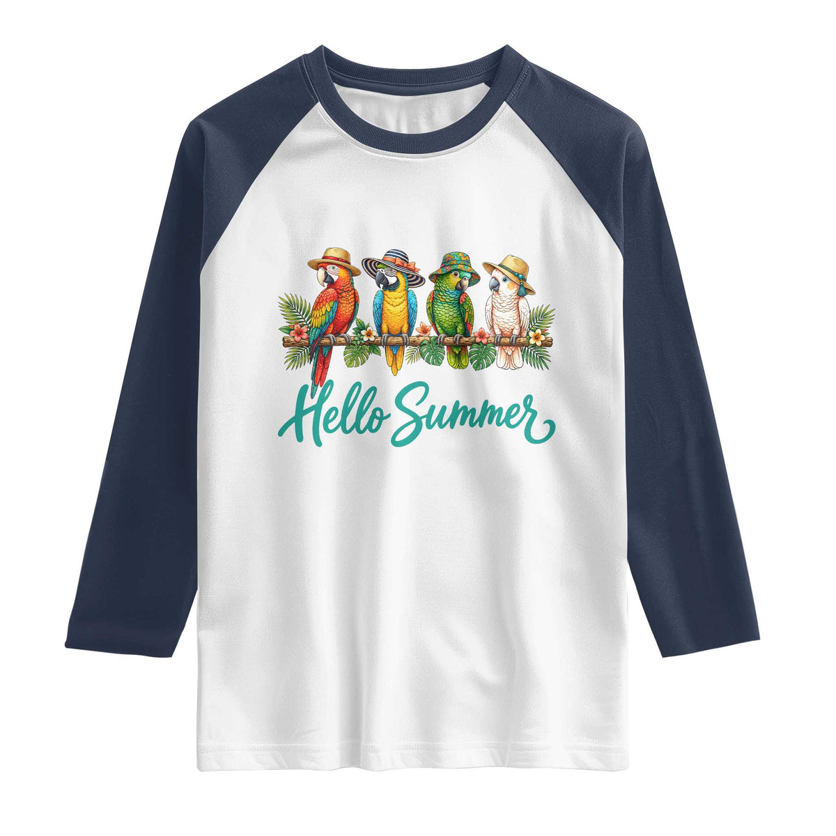 Hello Summer Parrots Raglan Shirt Tropical Beach Vacation Graphic TS12 White Navy Print Your Wear